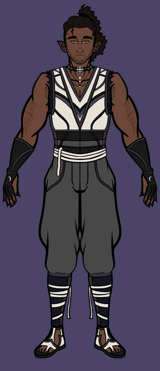 Design for a nonbinary half-human half-wood elf werewolf and follower of Selune (monk)