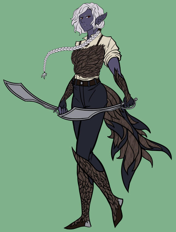 Design for a half-vampire half-drow trans woman (fighter)